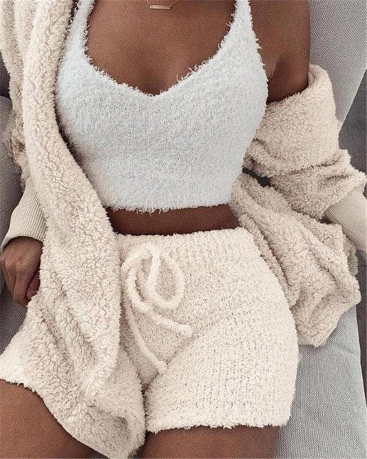 3pcs Women's Clothing Long Sleeve Crop Tank Top and Drawstring Shorts Pajama Set - Image #0