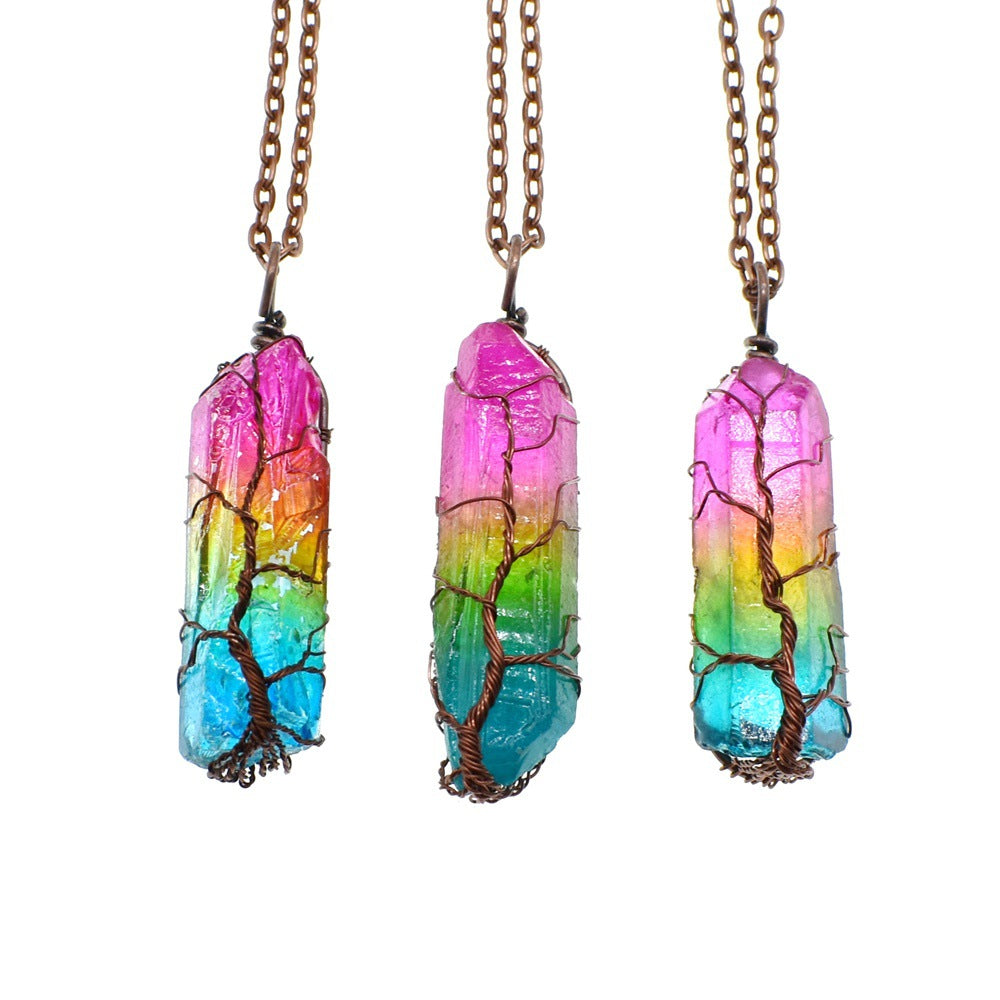 Hot Selling Stone Crystal Pillar Tree Of Life Pendant Ins Fashion Necklace - Image #0