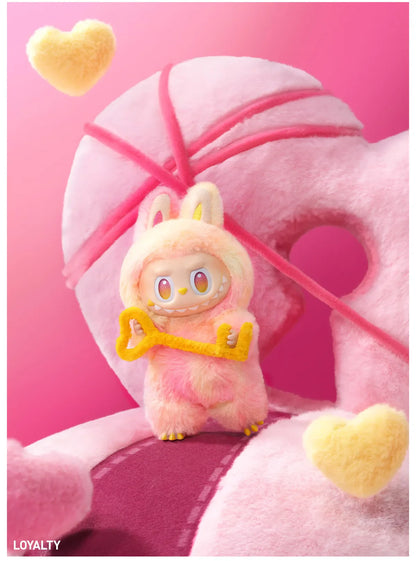 labubu with key in hands pink background