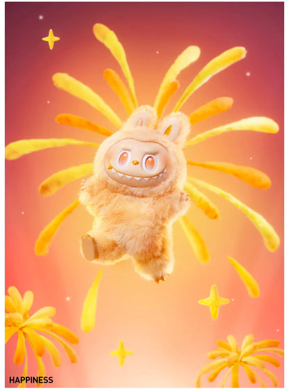Plush toy resembling a sun with yellow rays on a warm-toned background, featuring the word 'HAPPINESS'.
