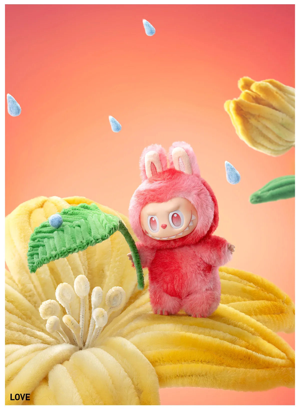 Plush toy in a red outfit with bunny ears standing on a yellow textured surface with flowers and raindrops.