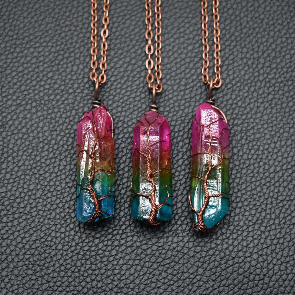 Hot Selling Stone Crystal Pillar Tree Of Life Pendant Ins Fashion Necklace - Image #0
