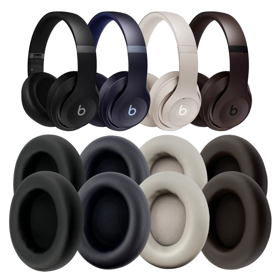 Set of Beats headphones in various colors with earbud covers displayed below.