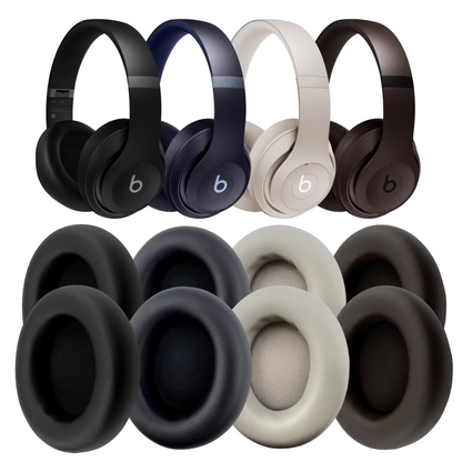 Set of Beats headphones in various colors with earbud covers displayed below.